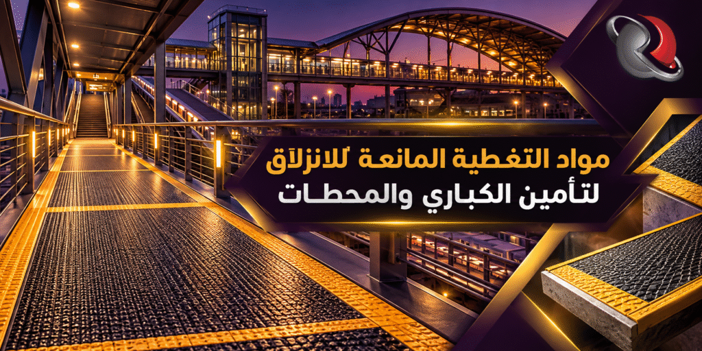 تطبيق مواد التغطية المانعة للانزلاق على مسار كوبري مشاة ومحطة نقل عام