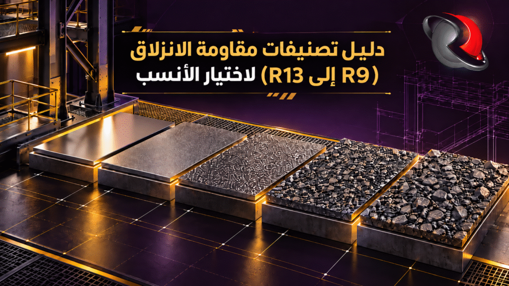 مخطط توضيحي لمستويات تصنيفات مقاومة الانزلاق من R9 إلى R13 في المنشآت الصناعية