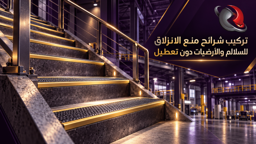 فني يقوم بعملية تركيب شرائح منع الانزلاق على درج معدني في منشأة صناعية