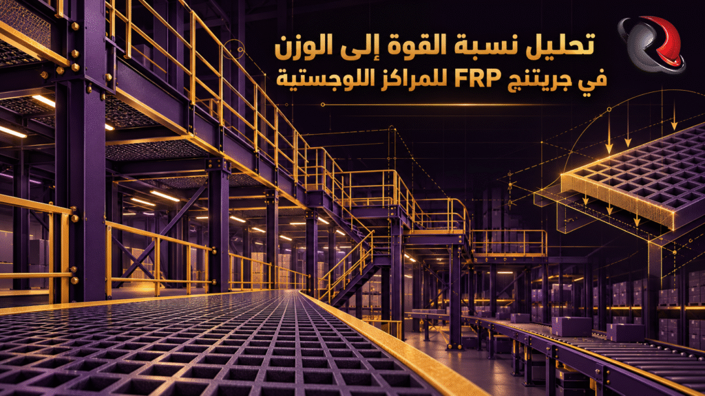 مقطع عرضي يوضح جريتنج_FRP في ممرات التخزين اللوجستية مع تسليط الضوء على خفة الوزن والمتانة