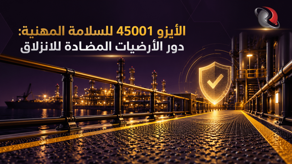 عامل صناعي يمشي بأمان على أرضيات مضادة للانزلاق داخل منشأة تطبق معايير الأيزو 45001