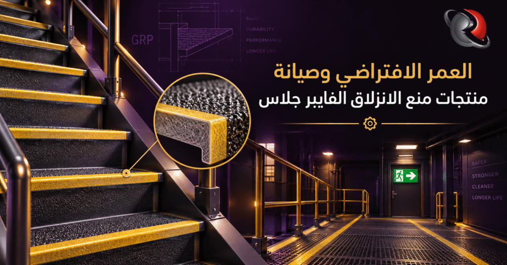 عامل صيانة يفحص أغطية درج فايبر جلاس مانعة للانزلاق في منشأة صناعية